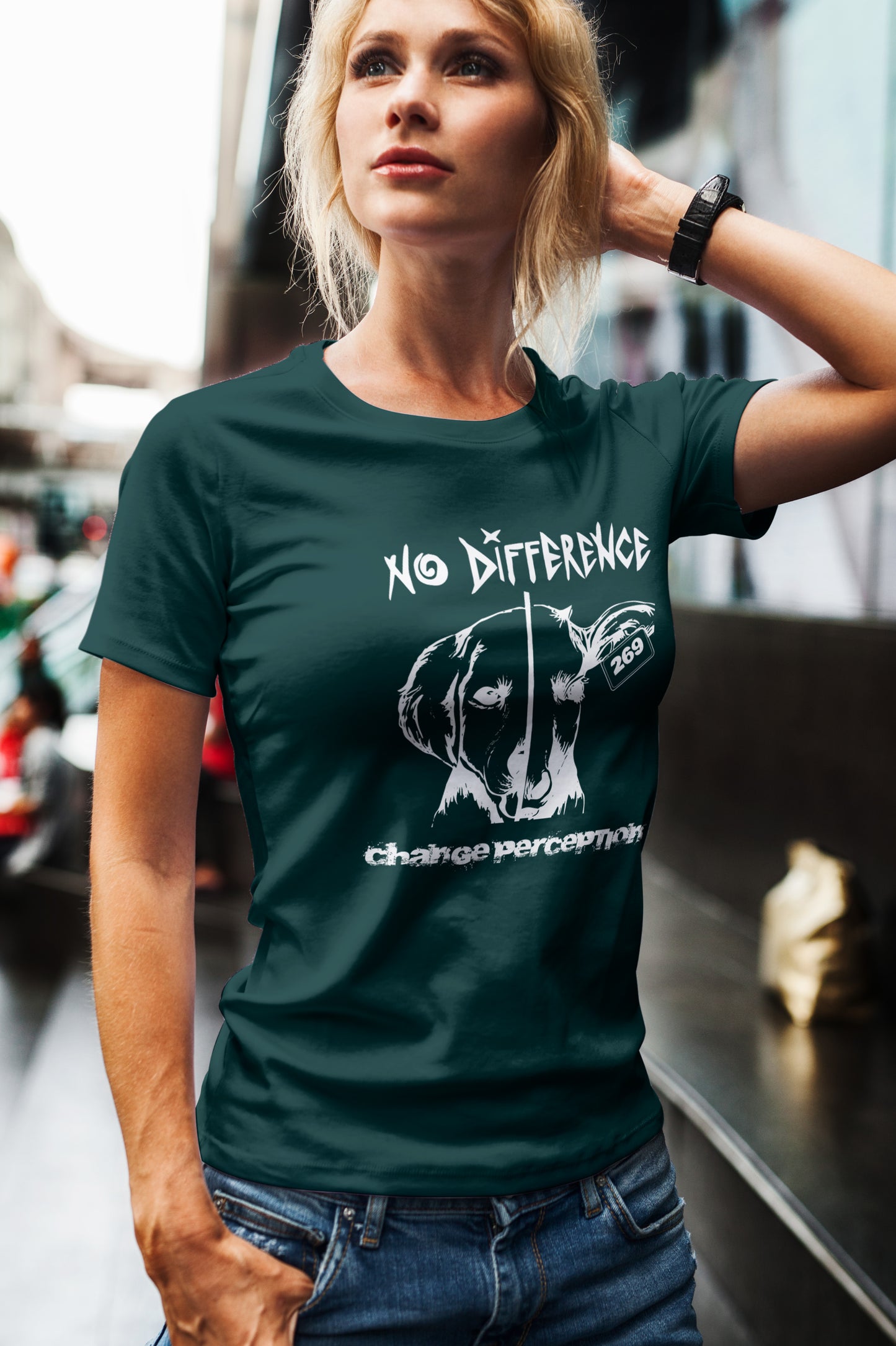 NO DIFFERENCE CHANGE PERCEPTION FLY GREEN TEE - VEGAN FOR LIFE CLUB
